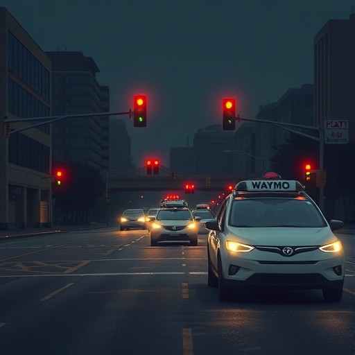 黑暗舊金山街道上無法運作的Waymo自動駕駛車,需要人工介入