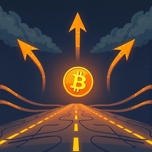 比特幣在十字路口，箭頭指向不同路徑代表市場動態、看漲預測與潛在風險