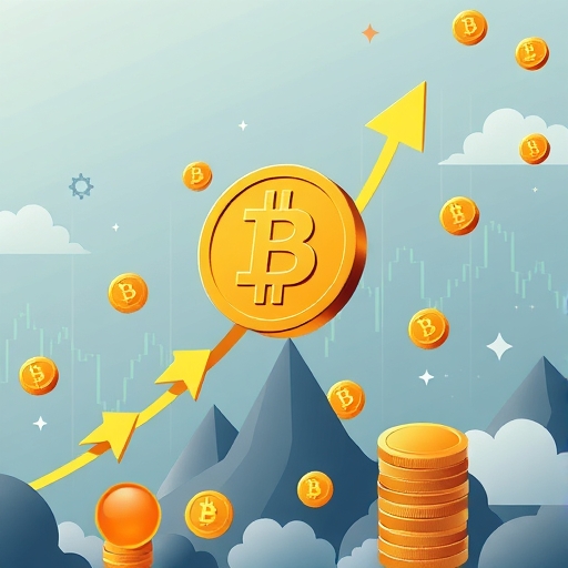 比特幣價格向上飆升，周圍環繞正面市場指標、上漲箭頭與數位金幣，展現看漲投資情緒