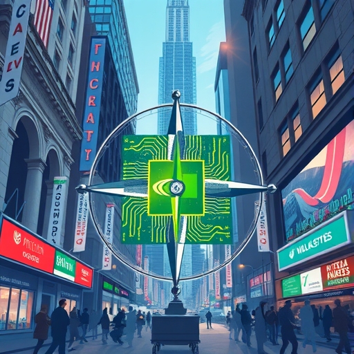 華爾街熱鬧場景的插圖，巨型指南針指向股市趨勢，中央閃耀Nvidia晶片，周圍環繞數據圖表與財經新聞