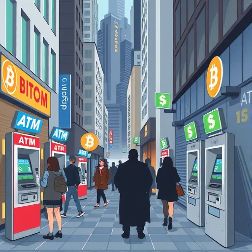 繁忙城市街道上，多台加密貨幣ATM讓人們輕鬆兌換現金與比特幣等資產，同時隱約顯示半匿名交易帶來的洗錢與詐欺風險