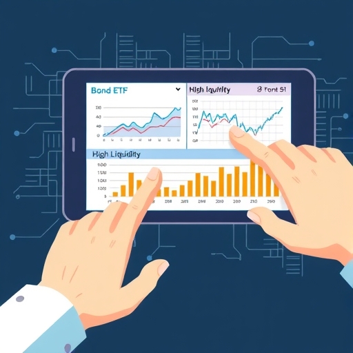 數位介面顯示債券ETF圖表與數據，強調高流動性及多元化，投資者互動介面象徵易入手性