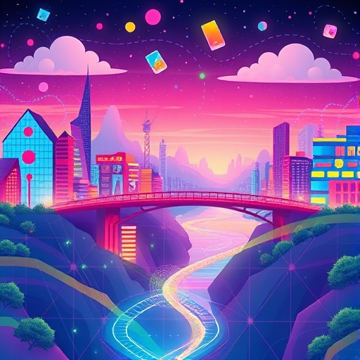 數位景觀中品牌與消費者相連的橋樑,數據流動與科技演進的生動圖像