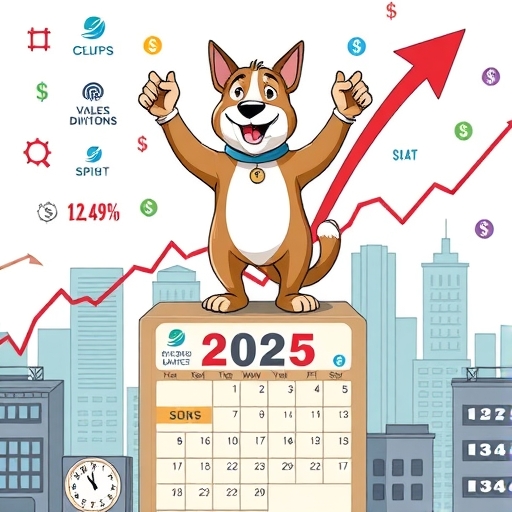 狗角色勝利站上領獎台,超越市場指數,2025年曆程標記成功,股息符號環繞價值股,反彈箭頭向上