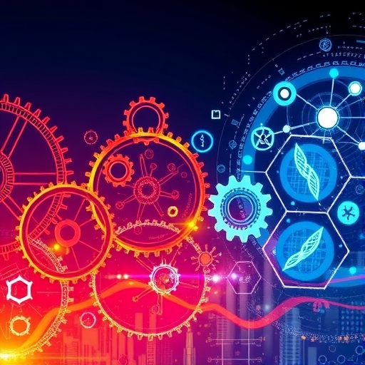 從傳統製造齒輪轉向未來生技符號的動態過渡插圖,代表台灣產業演進