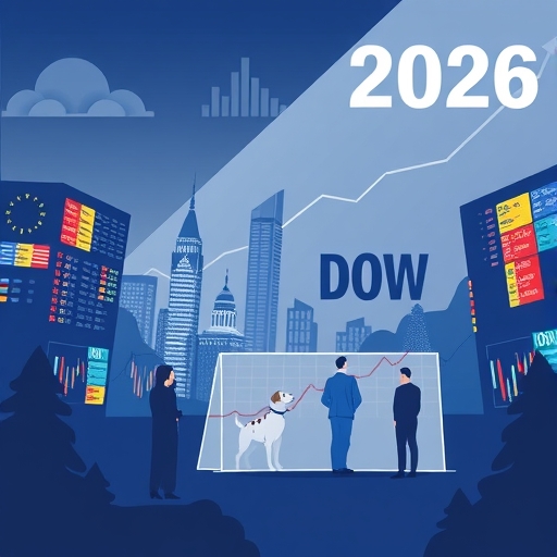 金融市場景觀中藍籌股閃耀,道瓊斯狗股策略象徵狗圖標,背景標註2025與2026年