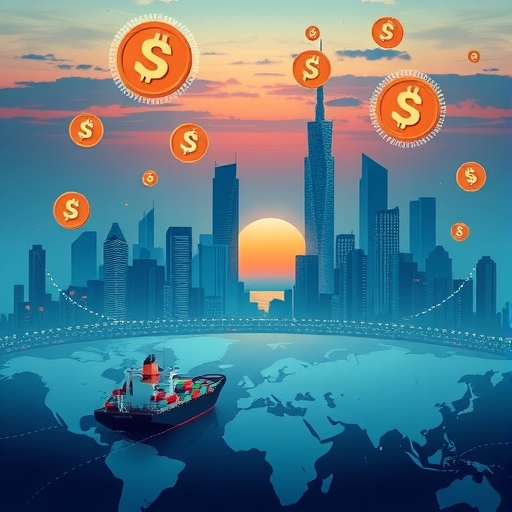 未來城市天際線與加密貨幣符號及貨船航行全球地圖的插圖,象徵加密與物流的交融