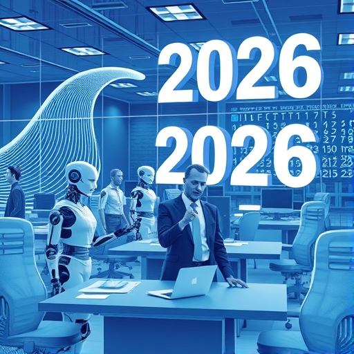 未來辦公室場景，人類工作者與AI機器人協作，背景有象徵AI浪潮的數位波浪及2026年曆標