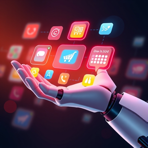 未來機器人手無縫整合應用程式圖標如外送、購物車與行事曆到發光的 ChatGPT 介面，象徵平台化與新可能性