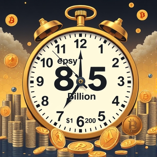 巨型金融時鐘倒數 285 億美元 Deribit 期權到期,周圍散布比特幣與以太幣符號,象徵市場波動