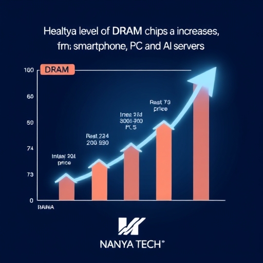 DRAM晶片庫存健康水平圖示,價格與需求上漲箭頭指向智慧手機、PC及AI伺服器,南亞科技樂觀展望市場復甦