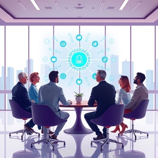 多元投資者在現代會議室觀看全息投影，顯示AI取代重複任務及複雜白領工作的場景