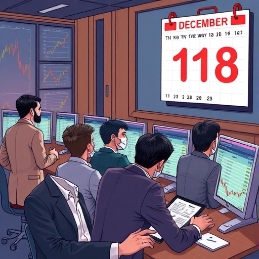多元投資人在交易室注視顯示股市圖表和12月18日行事曆的螢幕，充滿緊張氛圍的插圖