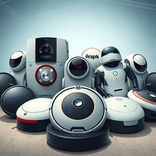 多樣化掃地機器人品牌群像插圖,象徵全球競爭激烈,iRobot Roomba 被低價先進科技對手包圍