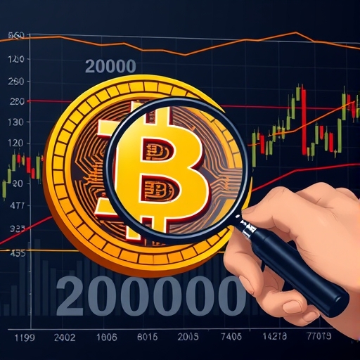 大型比特幣圖標與價格波動抽象線條及放大鏡檢視期權交易圖表的插圖