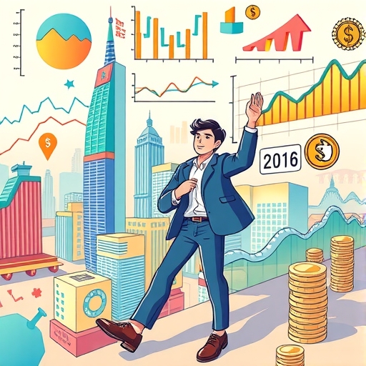 投資人自信導航台灣金融市場的活力圖像，包含圖表與貨幣符號代表策略與目標