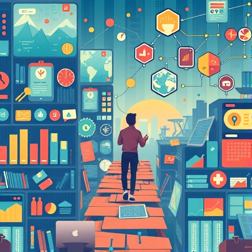 一位人在混亂的數位資訊洪流中尋找清晰路徑，象徵品牌與讀者間的溝通橋樑