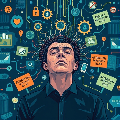 被數位資訊洪流淹沒的人,周圍環繞演算法齒輪與隱私政策標誌,注意力稀缺