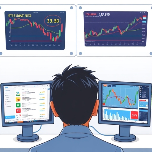 投資人觀看多螢幕顯示台股即時數據與經濟新聞的圖像，象徵市場分析與決策