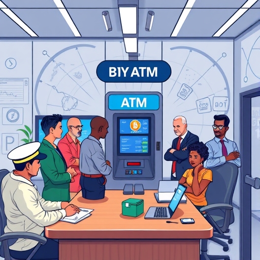 監管辦公室中，全球專家討論加密貨幣ATM的合規框架，強調KYC身份驗證、生物掃描與AML監測如何提升業者信譽與消費者信任