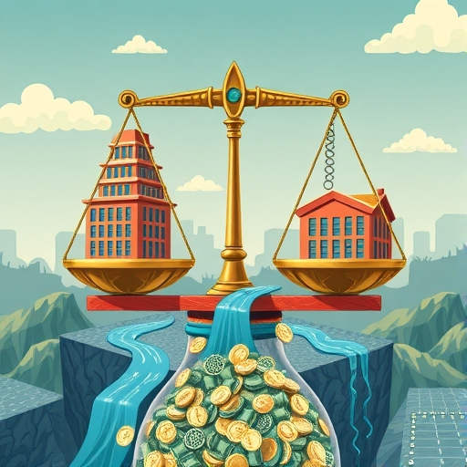 天平平衡均值回歸與價值投資原則,藍籌公司建築旁現金流河流,股息幣落入被動收入罐,股價下方安全網