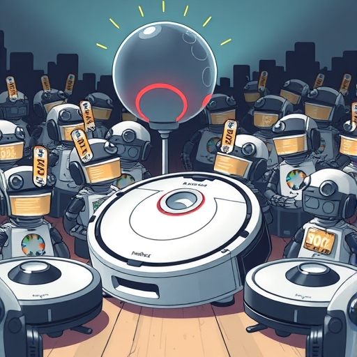 iRobot Roomba 掃地機器人掙扎於競爭對手包圍的插圖,背景反映全球經濟放緩與低價壓力