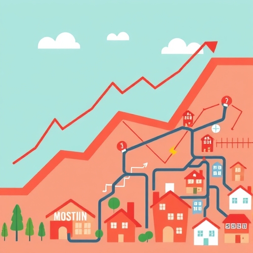 通貨膨脹趨勢的風格化圖表，顯示交通成本向下箭頭與住房及租金符號的複雜網絡插圖