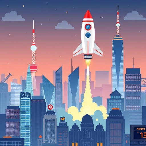 風格化城市景觀,AI主題火箭從華爾街與亞洲金融區發射,象徵強勁成長與科技股估值