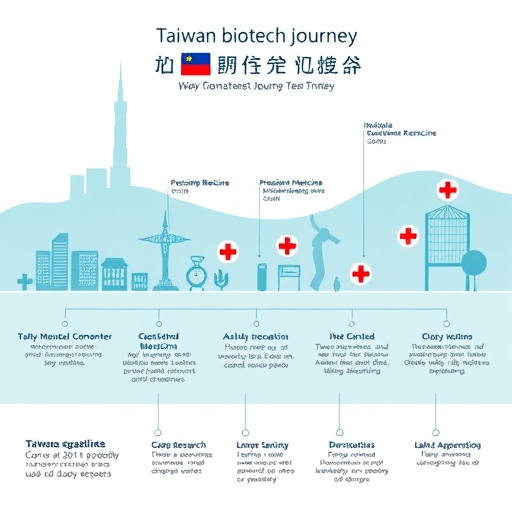 台灣生技發展時間軸插圖,從早期製造到精準醫療與新藥研發的進展