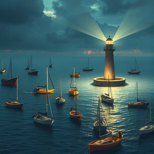 廣闊的內容海洋中無數船隻,燈塔光束照亮一艘卓越品質與價值的船隻,注意力聚焦