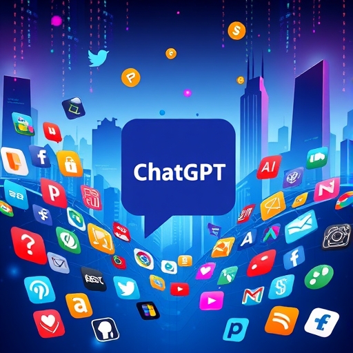 充滿活力的數位市場，多樣應用圖標匯入大型 ChatGPT 標誌，代表開放生態與開發者社群參與