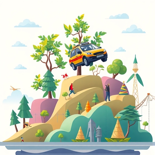 生動投資組合圖像，包含穩定債券、茁壯新興科技如未來飛行計程車，以及多樣股票，象徵多元化投資策略