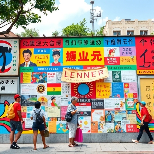 台南連儂牆充滿多元訊息與彩色海報，象徵言論自由與民主，人們在和諧的公共空間中觀賞
