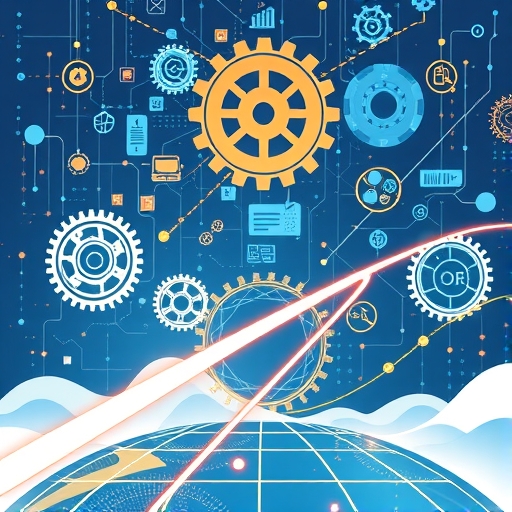 企業領導者導航數位變革的策略之旅，科技齒輪與數據流塑造企業成功未來