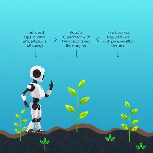 數位轉型益處示意圖：自動化機器提升效率、個人化服務滿足客戶、新商業模式如茁壯植物般成長