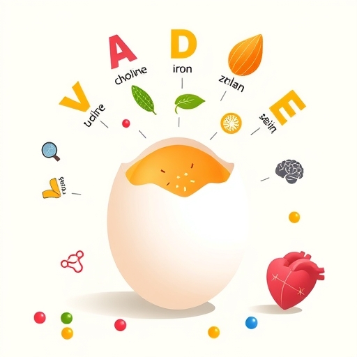 各種維生素和礦物質如A、D、E、B群、膽鹼、鐵、鋅和硒環繞健康雞蛋,周圍小圖示代表眼睛、骨骼、大腦和心臟健康