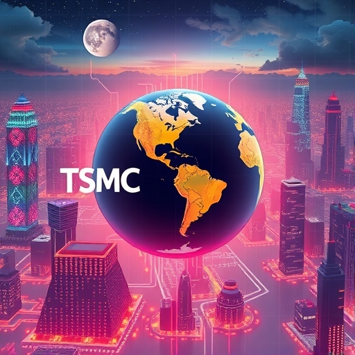 未來都市景觀中閃爍的AI晶片，連結台積電與輝達標誌，並融入全球地緣政治地圖，展現充滿活力的科技未來