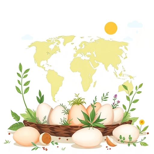 全球環境意識與永續發展的食物產業插圖，聚焦雞蛋生產、消費者關注、動物福利及供應鏈環境影響