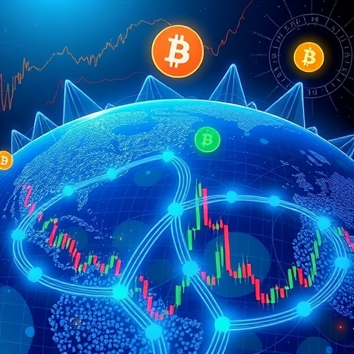 全球金融景觀與數位資產及區塊鏈技術插圖，展現充滿活力的加密市場、比特幣價格上漲圖表，以及機構投資Web3應用