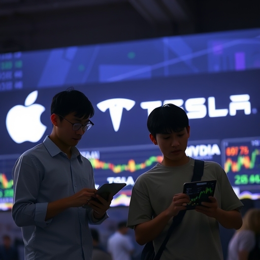 科技巨頭蘋果、特斯拉、輝達標誌閃耀與年輕投資者使用零股交易的畫面