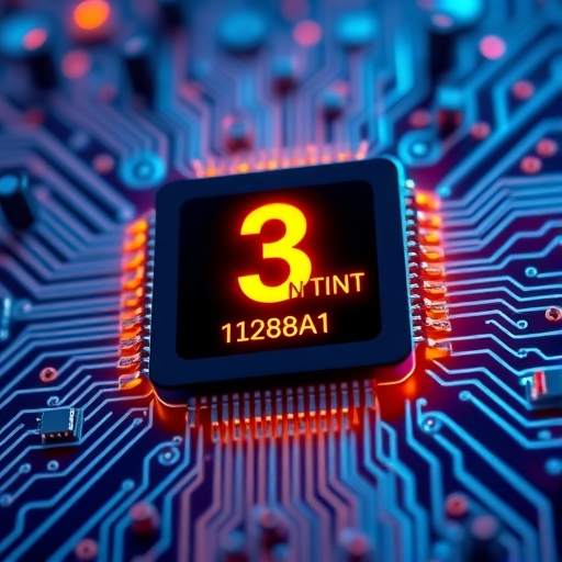 3奈米標記的微晶片在未來電路板背景中發光，象徵先進技術創新與台積電的領導地位