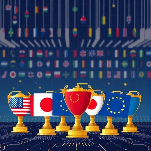美國、日本、歐洲國旗競賽圖像，以晶片為獎盃，各國興建工廠，象徵全球半導體競爭爭奪科技霸權