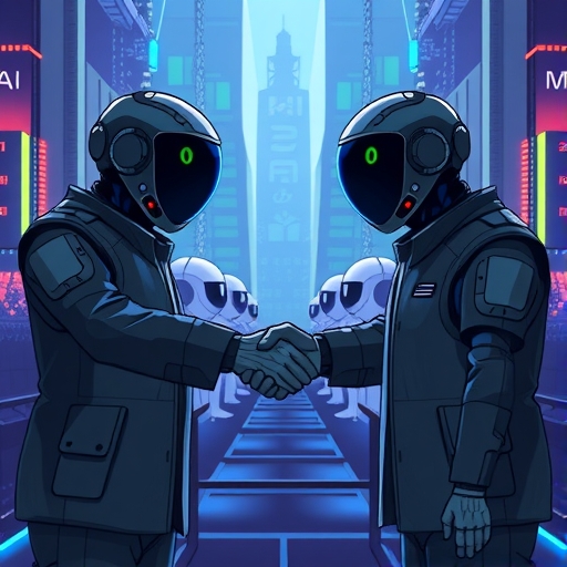 Meta 與 Manus AI 握手合作，背景為未來 AI 代理人和元宇宙城市景觀