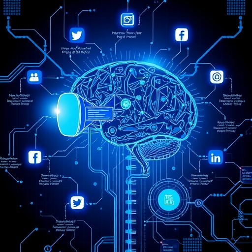 Meta AI 策略示意圖，大腦驅動 VR 頭戴裝置、AR 眼鏡及社群媒體圖示，小型 AI 代理人互動其中