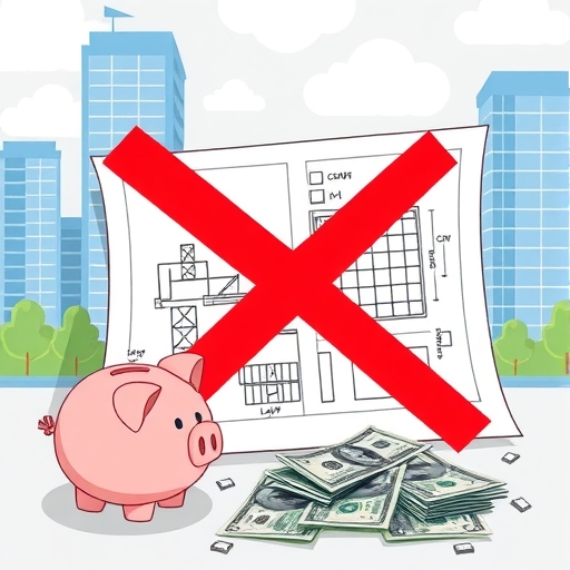 房地產藍圖失敗標記與財務崩潰象徵圖