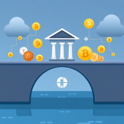 傳統金融與數位資產間的橋樑，連結銀行建築與加密貨幣圖示，融入 Bitnomial 標誌，代表受監管加密創新