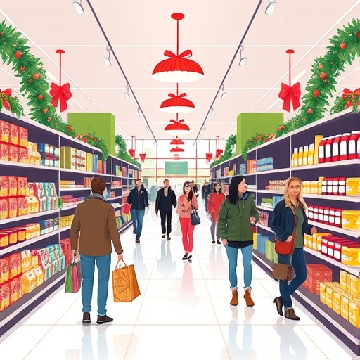 illustration of a bustling modern retail store during a holiday season with shoppers and strong brands on shelves indicating potential for investment and growth