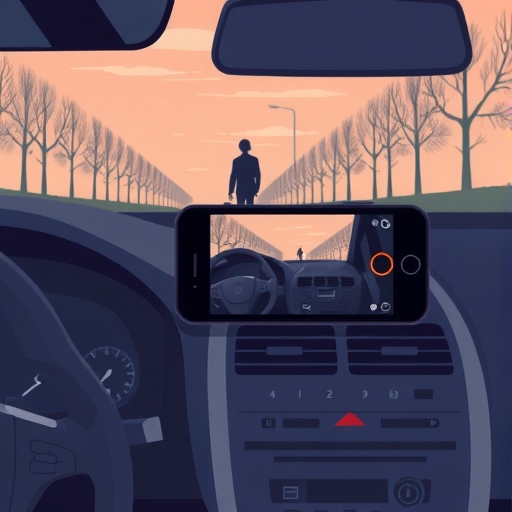 車禍現場插圖，儀表板上的手機顯示直播介面，遠處行人輪廓，沉重氛圍