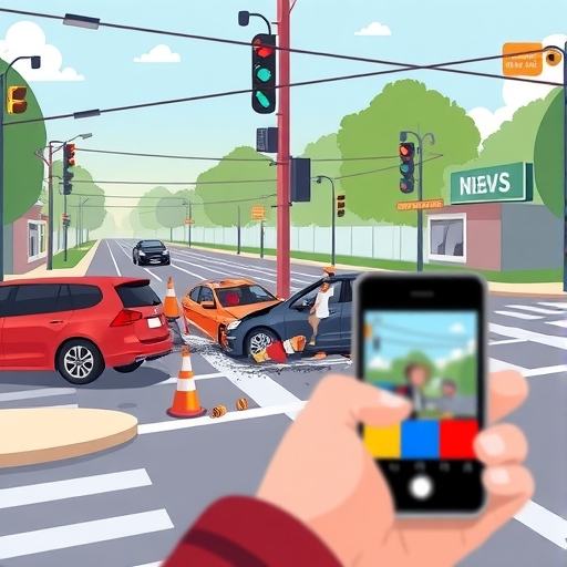 路口車禍插圖，受傷行人及顯示模糊直播的手機車輛，附近新聞記者