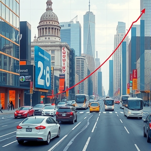 圖表顯示 Waymo Robotaxi 指數成長，融入繁忙城市景觀，傳達快速擴張與商業化成功的未來交通效率